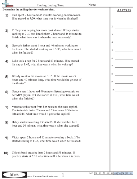 Word Problems Worksheet - Finding Ending Time  worksheet